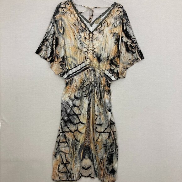 ONE WORLD Yellow Gray Abstract Print Double V Neck Stretch Comfy Dress 2X - Picture 1 of 11